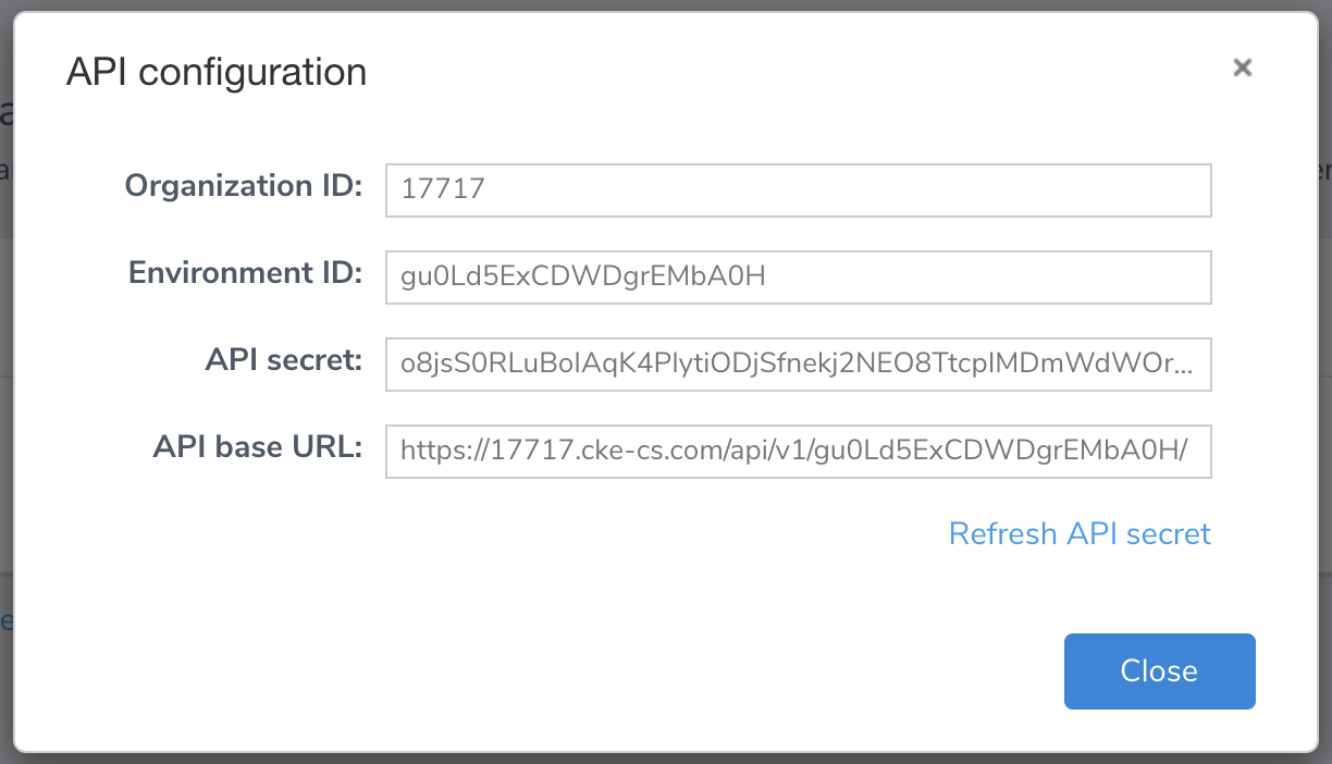 API configuration dialog of CKEditor Cloud Services.