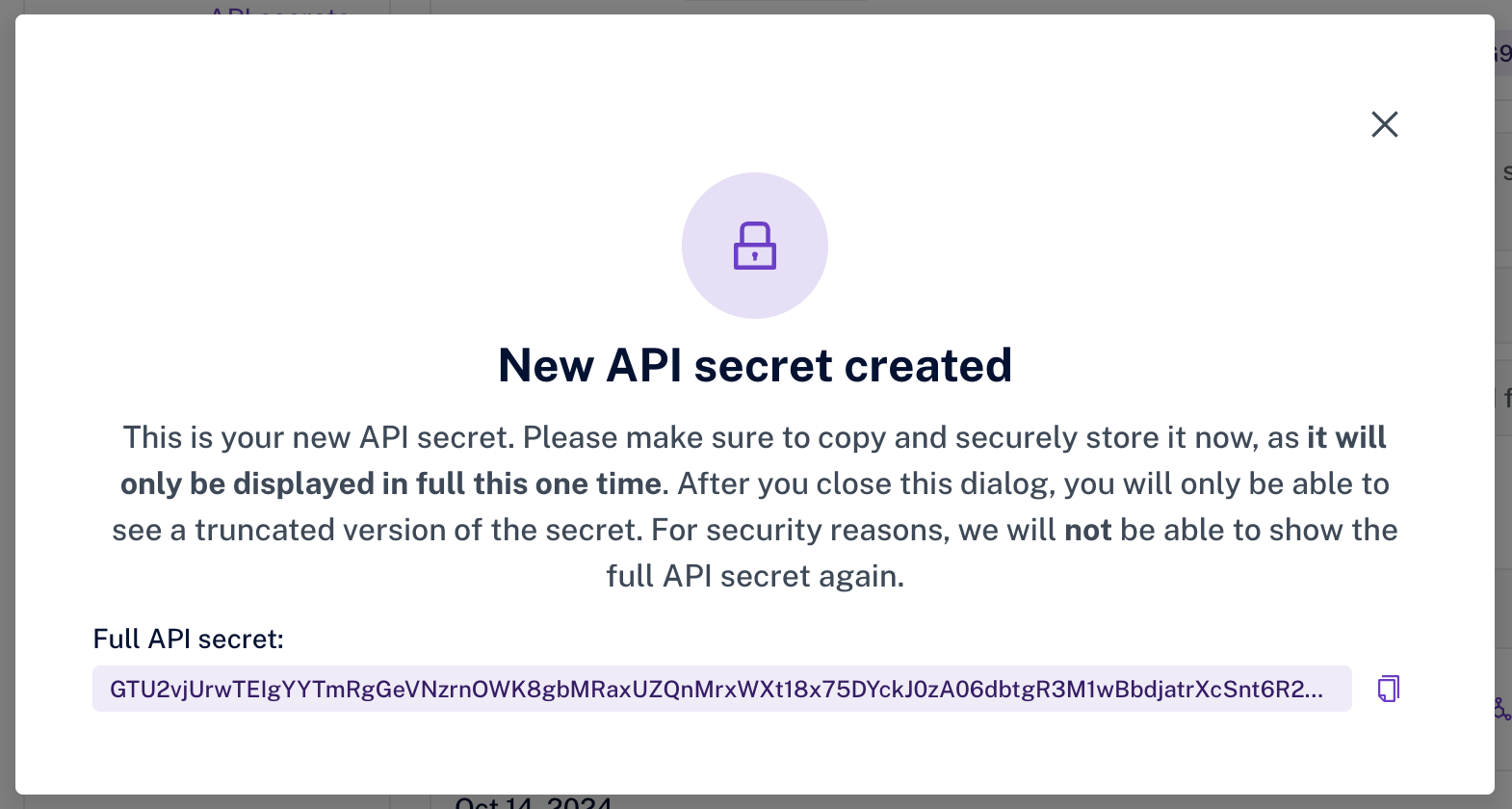 Value of newly added API secret.