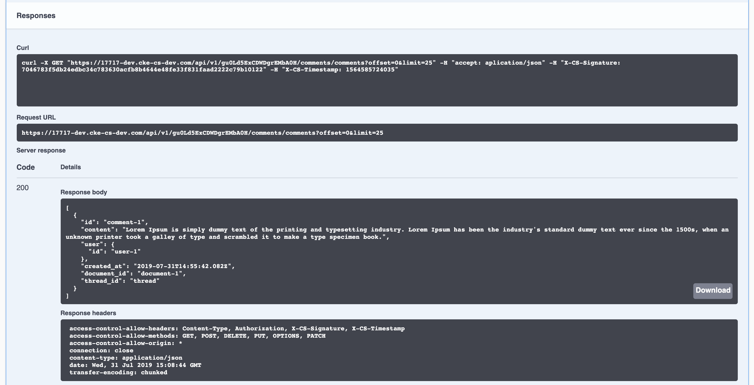 API response from an endpoint in CKEditor Cloud Services.