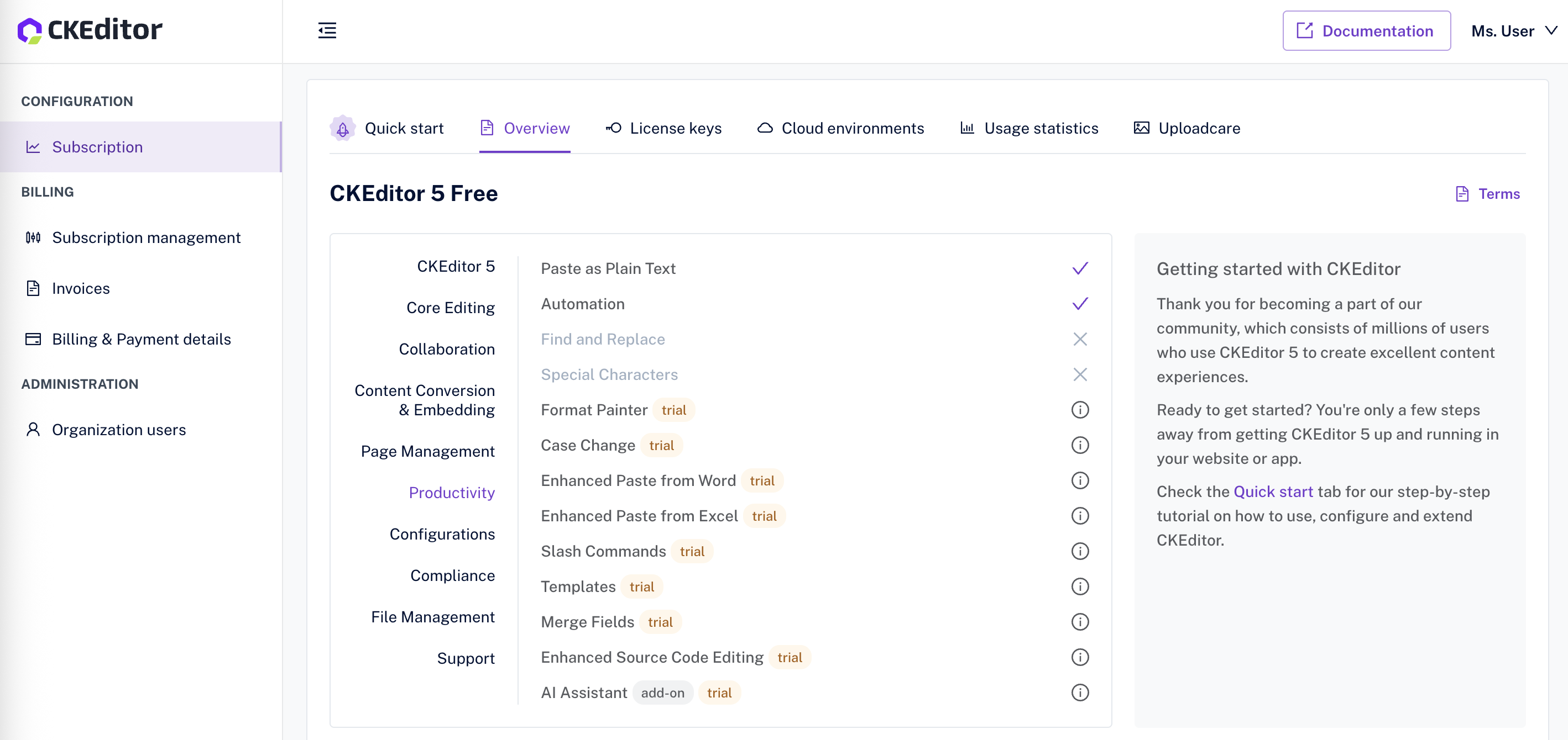 CKEditor AI trial view.