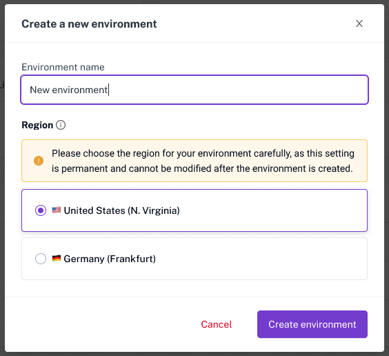 Choosing region during environment creation.