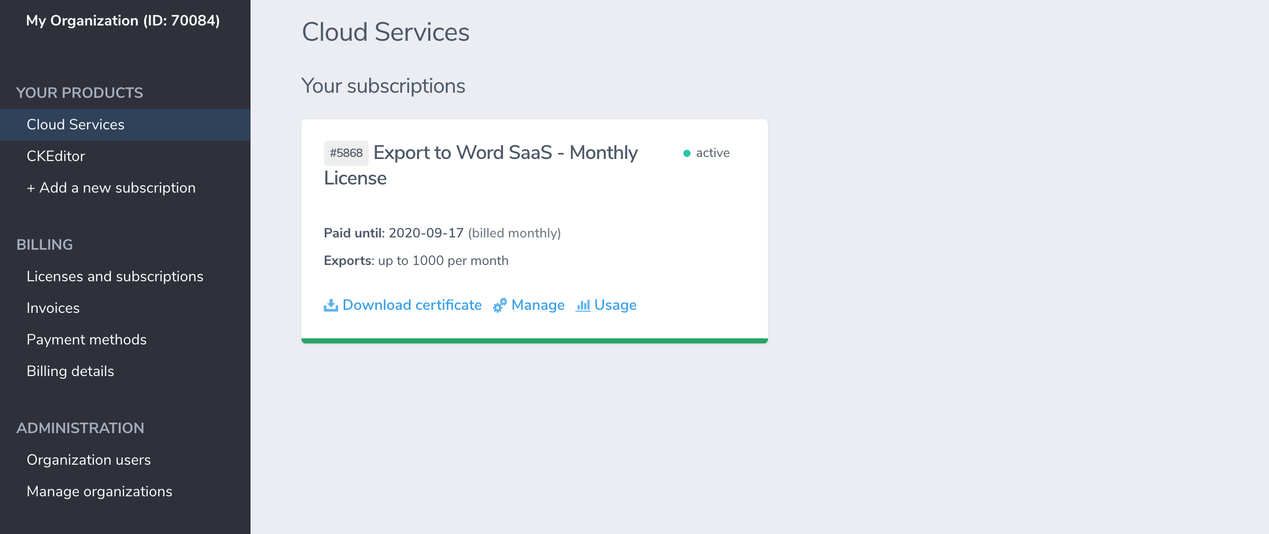 Export to Word subscription management.