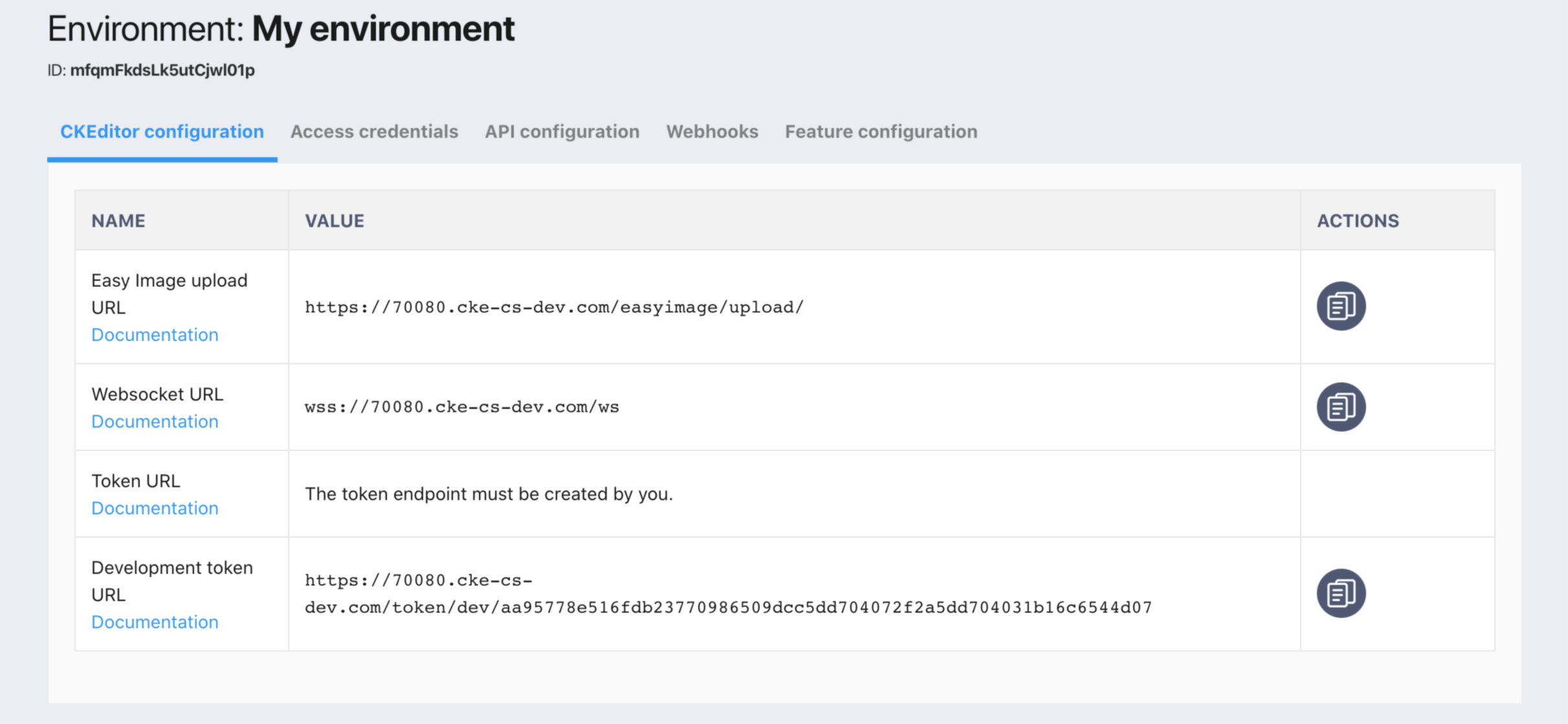 CKEditor 5 Configuration with the development token URL.
