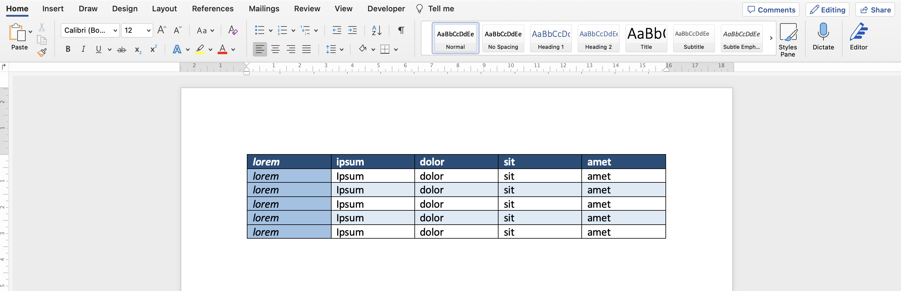 Advanced formatting applied to a table in Microsoft Word.