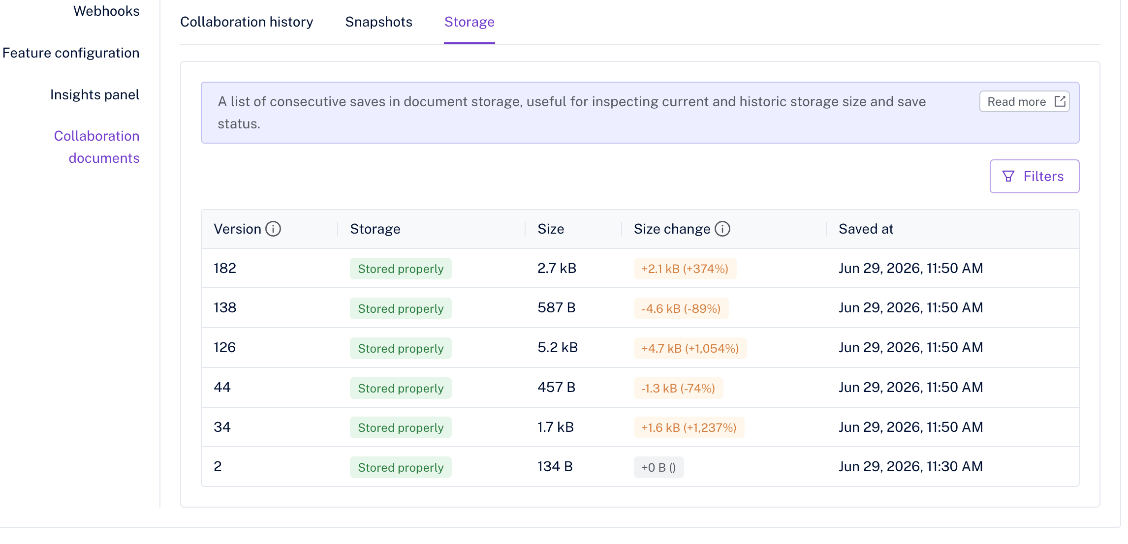 The Storage tab listing consecutive saves with size and status.