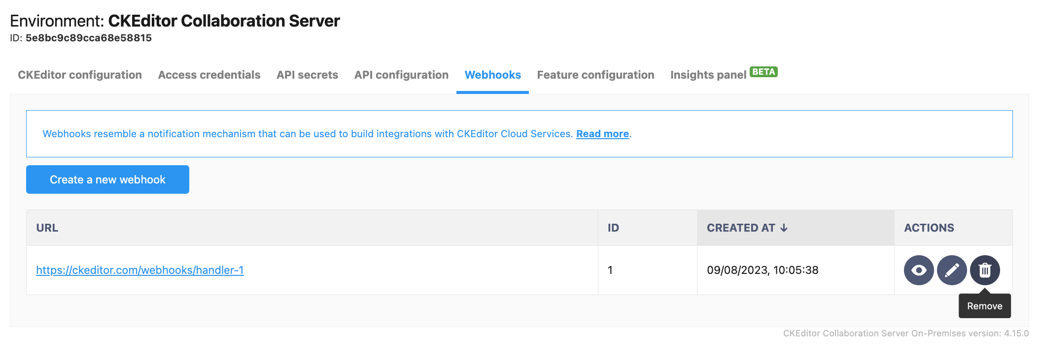 Button to remove webhook in CKEditor Ecosystem customer dashboard.