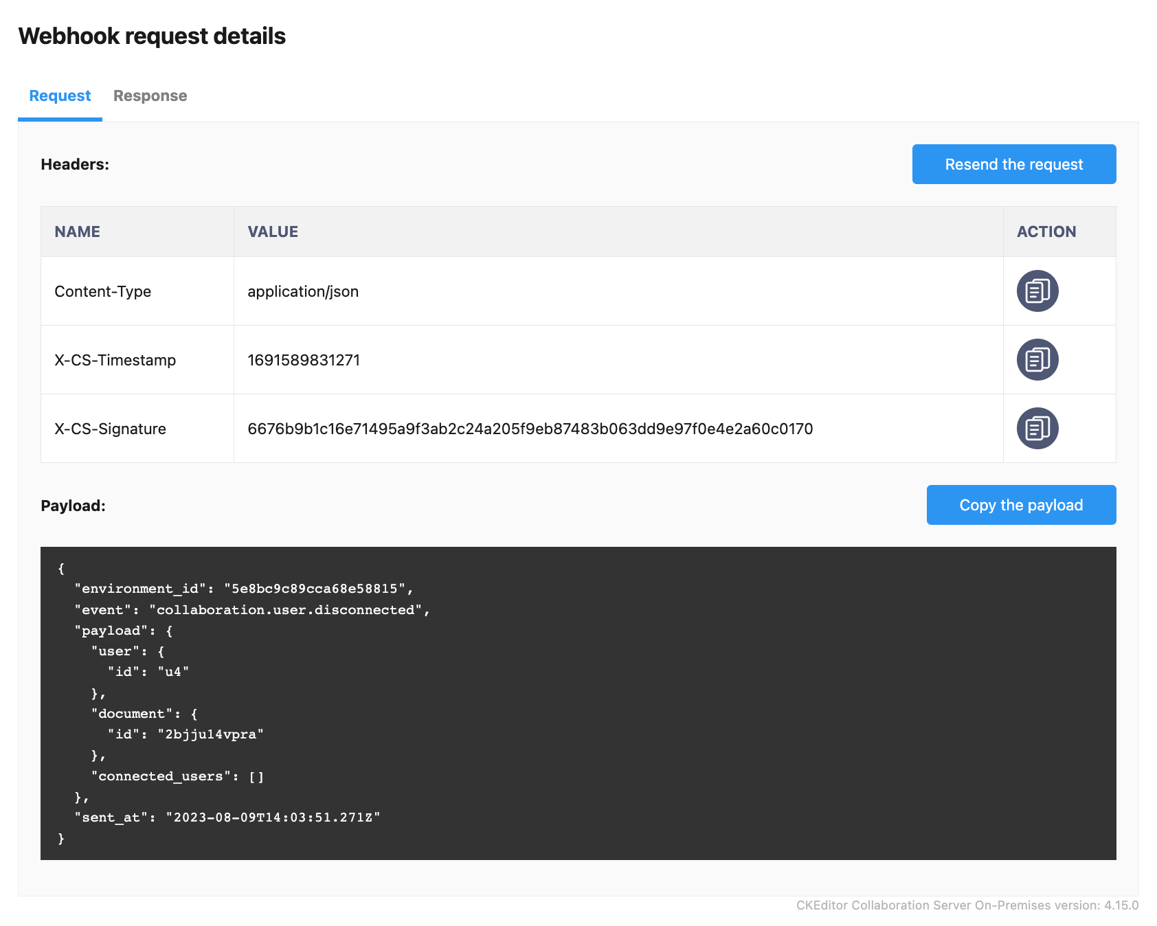 Webhook’s request’s details in the CKEditor Ecosystem customer dashboard.