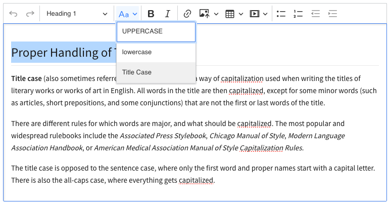 CHanging passage to title case is easy in CKEditor 5 WYSIWYG editor.