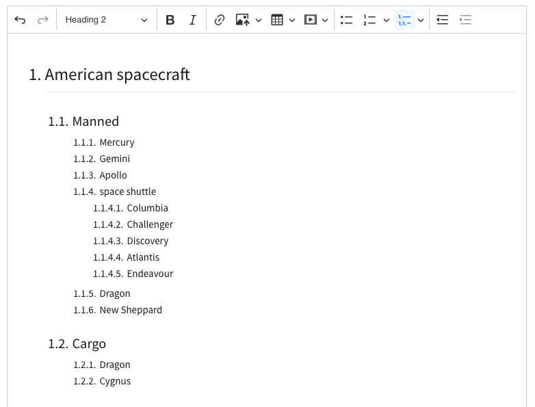 Multi-level list in the CKEditor 5 WYSIWYG editor.