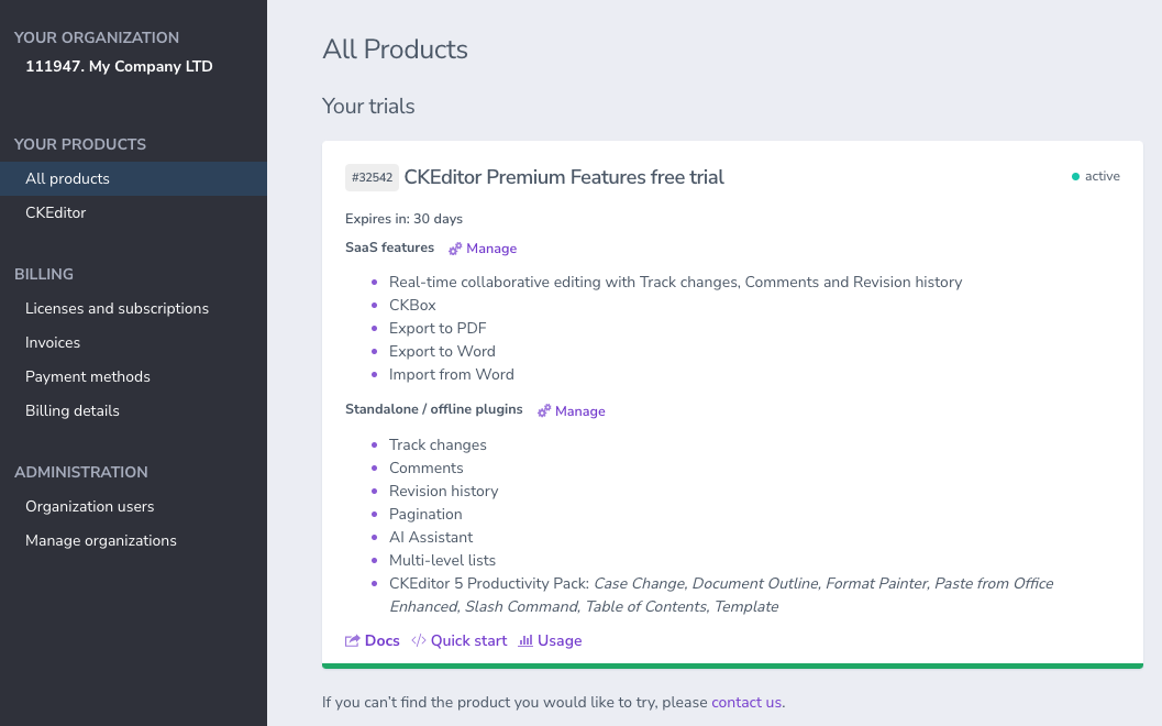 Your CKEditor trials view in the customer dashboard.