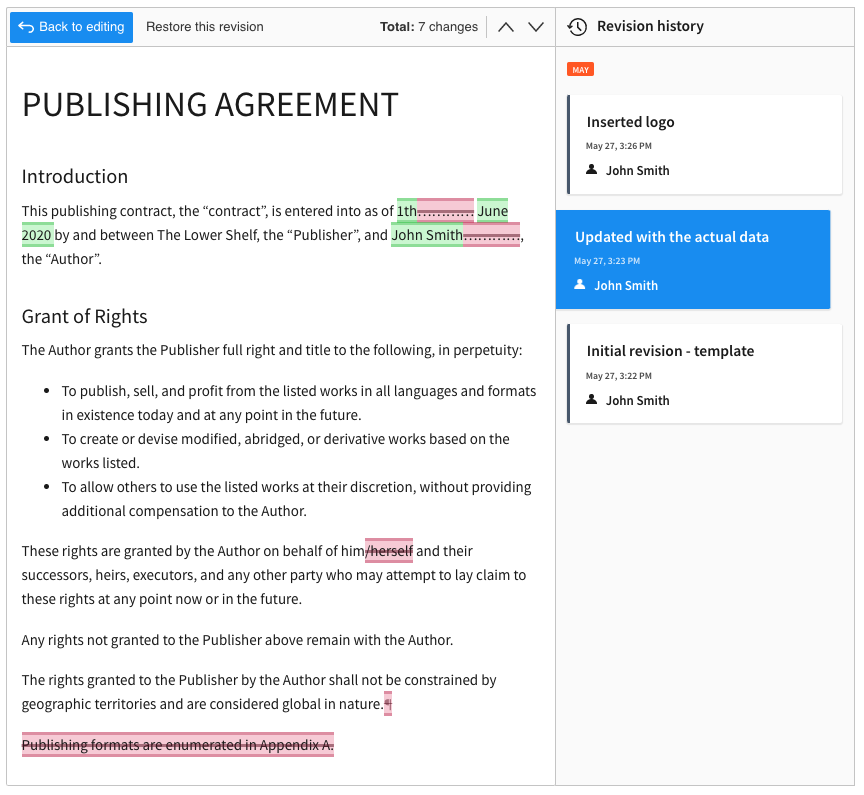 Revision history with named revisions and marked changes in the CKEditor 5 WYSIWYG editor.