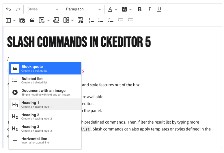 Slash commands dropdown in the CKEditor 5 WYSIWYG editor.