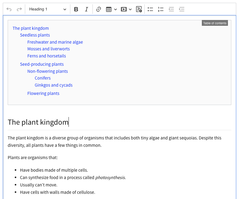 Table of contents shown in the CKEditor 5 WYSIWYG editor.